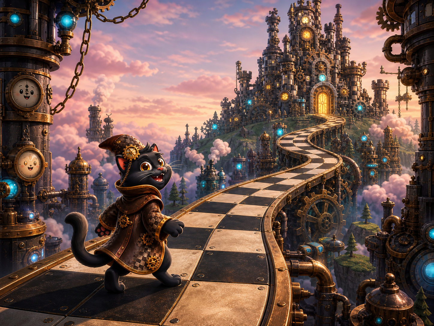 A black cat explorer beside a checkerboard road leading to a clockwork castle