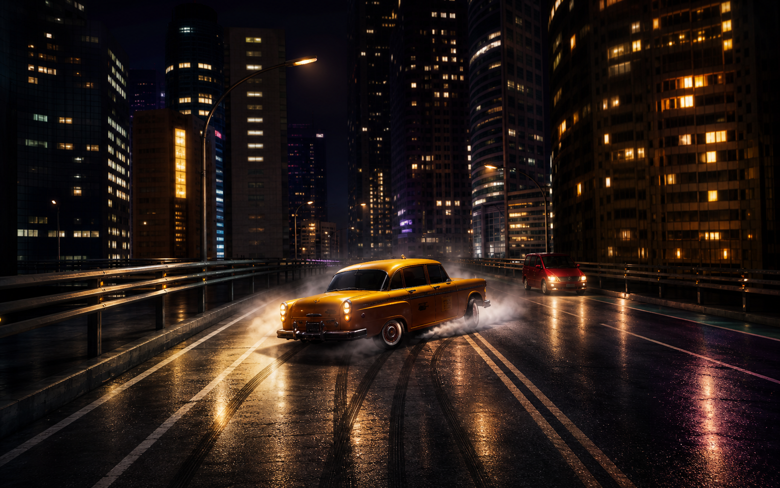 A yellow vintage sedan drifting across a wet elevated highway at night